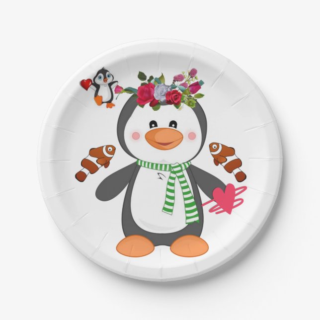 Paper plates Valentine's Day, Penguin Hearts (Front)