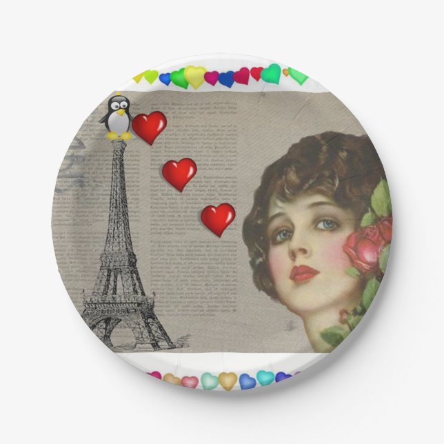 Paper plates Valentine's Day, Penguin Hearts (Front)