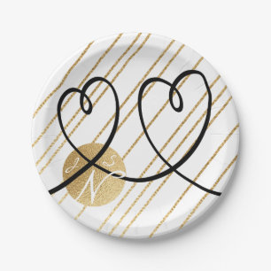 Paper Plates Wedding Elegant Gold and Black Hearts