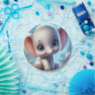 Paper Plates, White Baby Elephant Blue Floral Plate