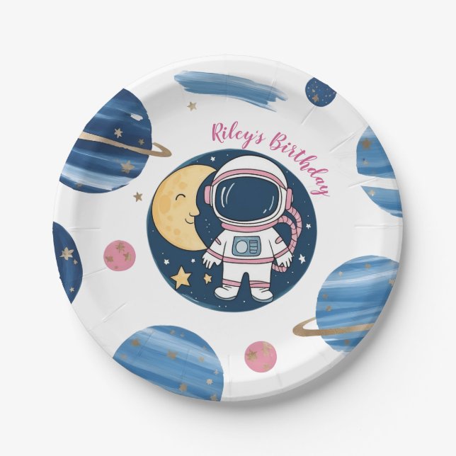 Paper Plato Birthday Astronaut Pink Blue Paper Plate (Front)