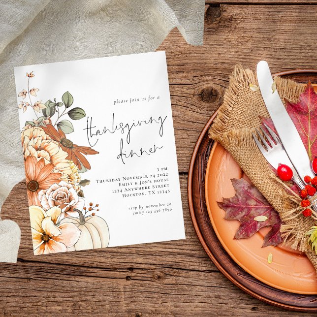 PAPER Pumpkin Floral Thankgiving Dinner Invitation (Creator Uploaded)
