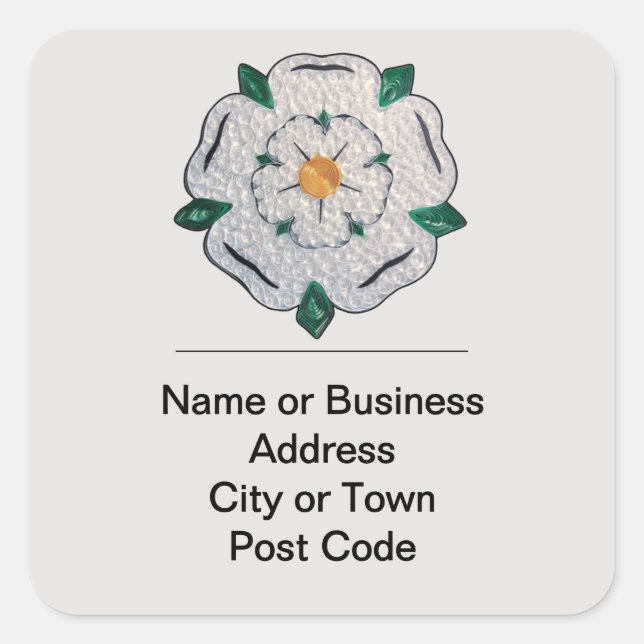 Paper Quilled Yorkshire White Rose 4-line Address Square Sticker (Front)