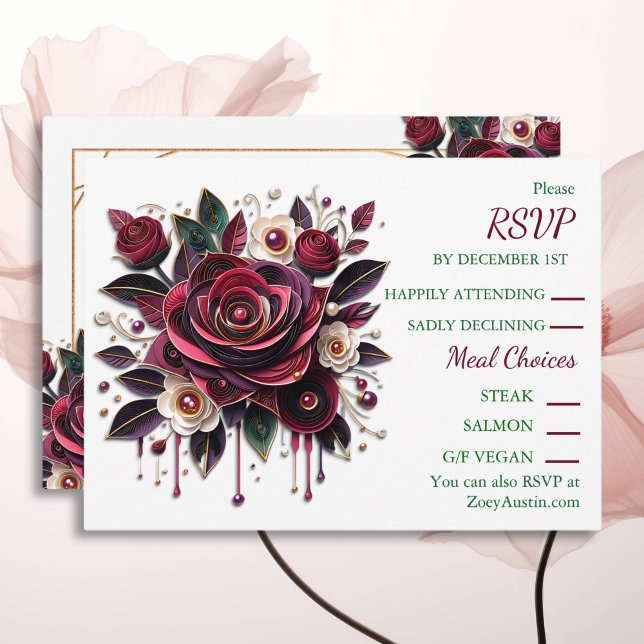 Paper Quilling Burgundy Roses and Pearls RSVP Invitation (Creator Uploaded)