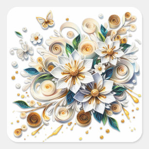 Paper Quilling Flowers Elegant  Square Sticker