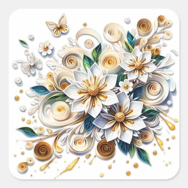 Paper Quilling Flowers Elegant  Square Sticker (Front)