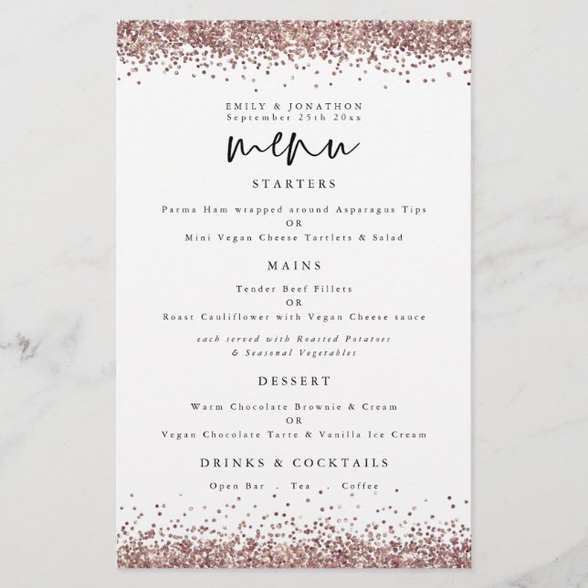 PAPER | Rose Gold Glitter Wedding White Menu (Front)