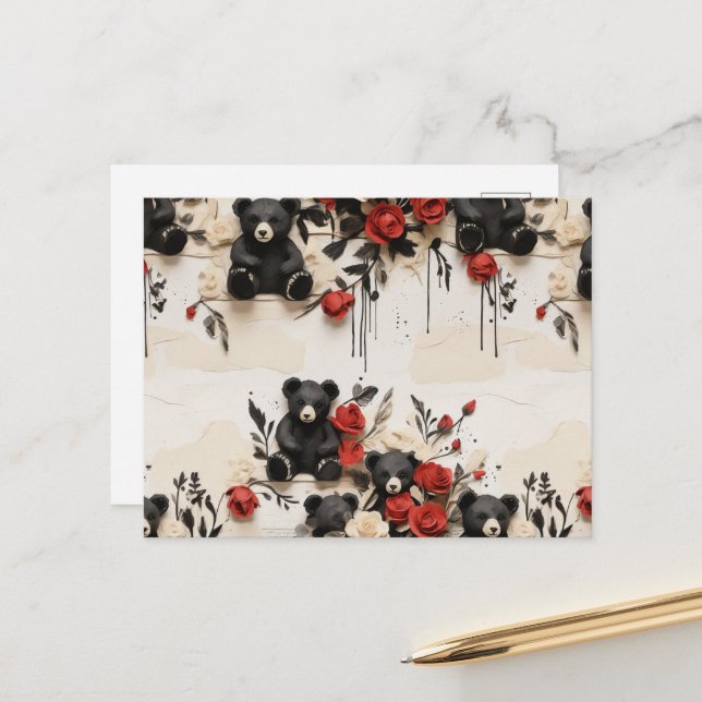 Paper Roses & Black Bears Valentine Postcard (Front/Back In Situ)