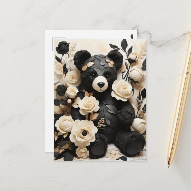 Paper Roses & Leaves & Black Bear Valentine Postcard (Front/Back In Situ)