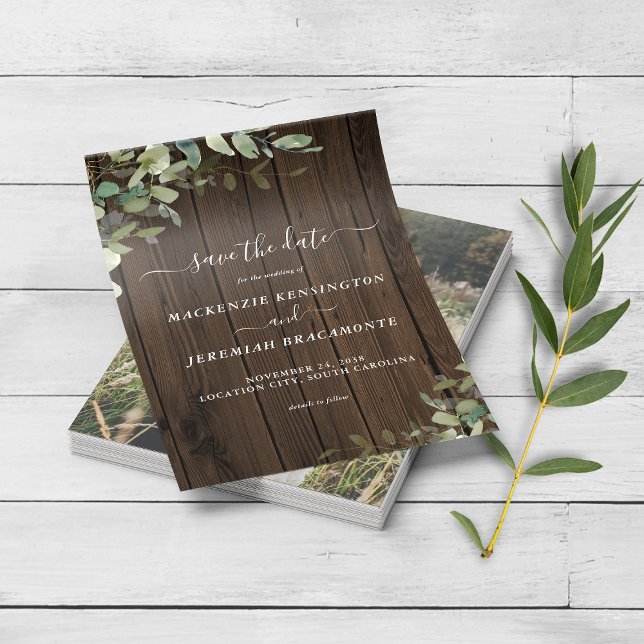 PAPER Rustic Wood Eucalyptus Photo Save the Date (Creator Uploaded)