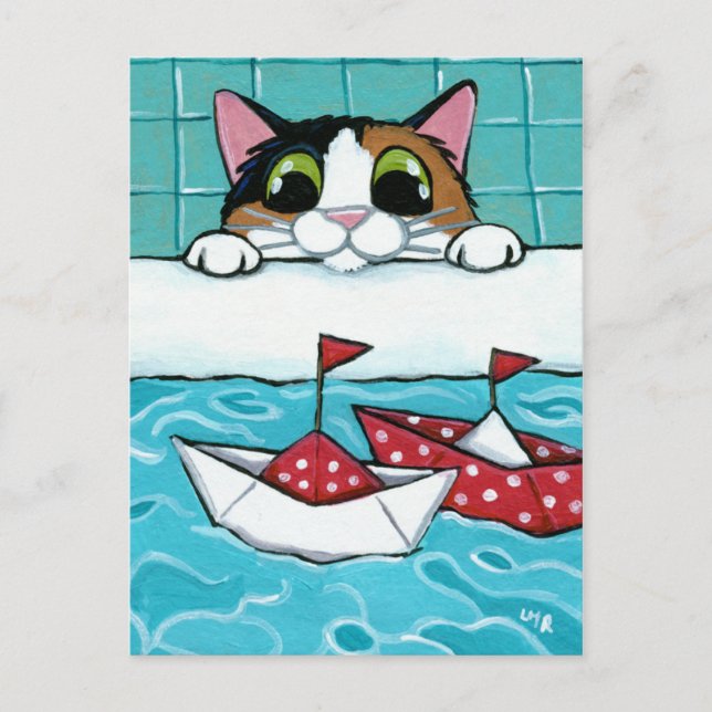 Paper Sail Boats - Calico Cat Art Postcard (Front)