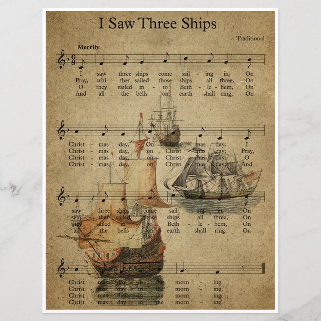 Paper Sheet Music Art - I Saw Three Ships (Front)