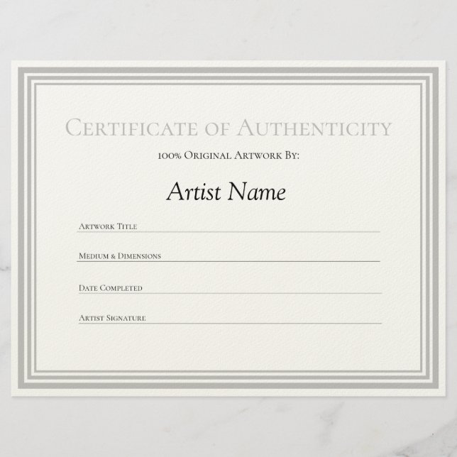 Paper Silver Certificate of Authenticity Art Custom Letterhead (Front)