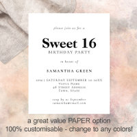 PAPER Simple Any Colour Sweet 16 Birthday Invite