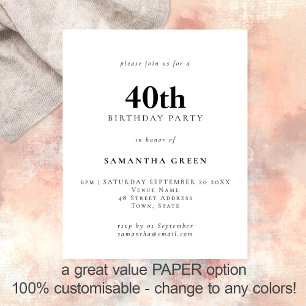 PAPER Simple Text Any Colour 40th Birthday Invite