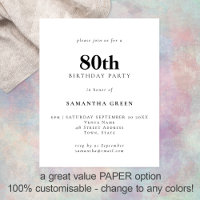 PAPER Simple Text Any Colour 80th Birthday Invite