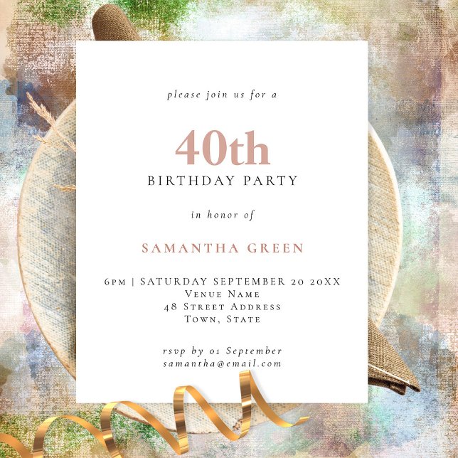 PAPER Simple Text Blush 40th Birthday Invitation (Creator Uploaded)