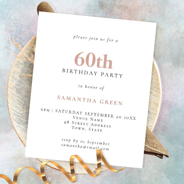 PAPER Simple Text Blush 60th Birthday Invitation (Creator Uploaded)