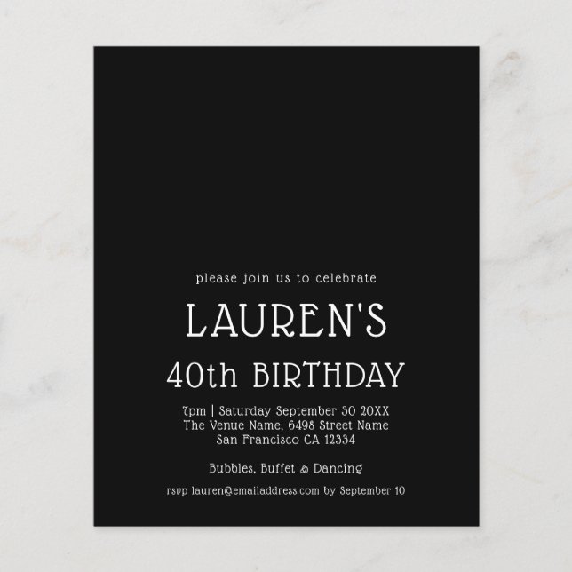 PAPER Simple Text White Black 40th Birthday Party (Front)