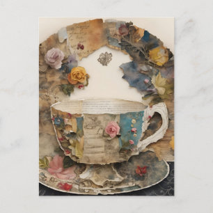 Paper Teacup Mixed Media Collage Postcard