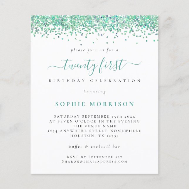 PAPER Teal Glitter Twenty First Party Invite (Front)