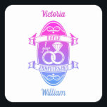 Paper traditional 1st First Wedding Anniversary Square Sticker<br><div class="desc">A design for a married couple who are celebrating their first, paper wedding anniversary. This design he's a, shield like, emblem with the text paper anniversary, one year, and linked wedding rings. Paper is the traditional gift for the first wedding anniversary. You can customise the husband and wife names. If...</div>