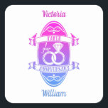 Paper traditional 1st First Wedding Anniversary Square Sticker<br><div class="desc">A design for a married couple who are celebrating their first, paper wedding anniversary. This design he's a, shield like, emblem with the text paper anniversary, one year, and linked wedding rings. Paper is the traditional gift for the first wedding anniversary. You can customise the husband and wife names. If...</div>