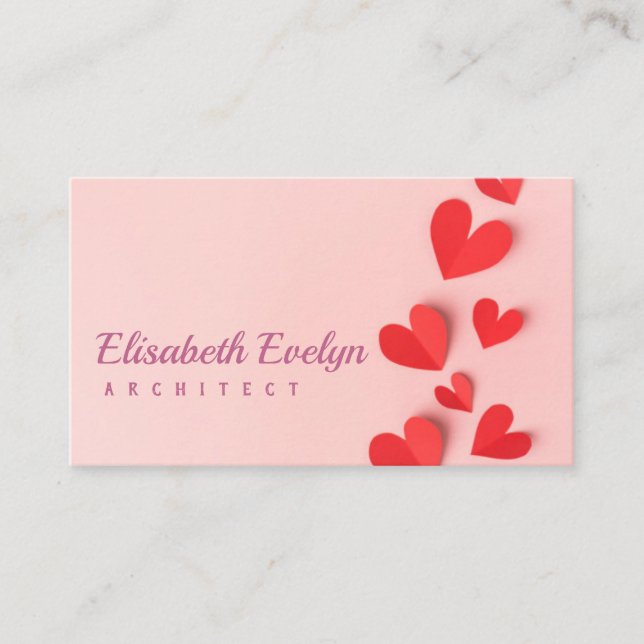 Paper valentines day hearts on pink business card (Front)