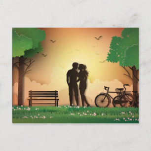 Papercut Couple in Park Sunset, bike Postcard