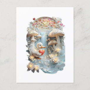 Papercut Duckling with Heart and Mushrooms Postcard