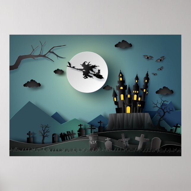 Papercut Halloween House, Witch, Graveyard Scene Poster (Front)