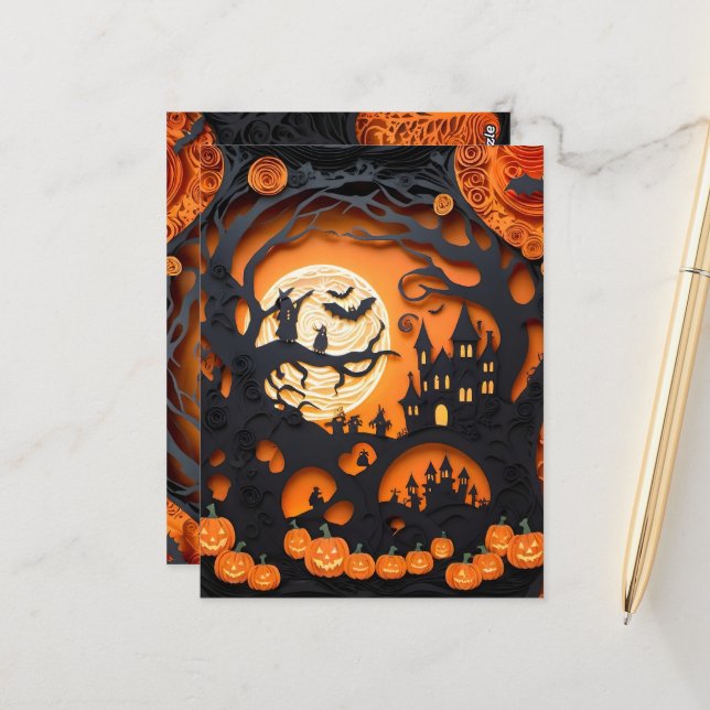 Papercut Halloween Scene Postcard (Front/Back In Situ)