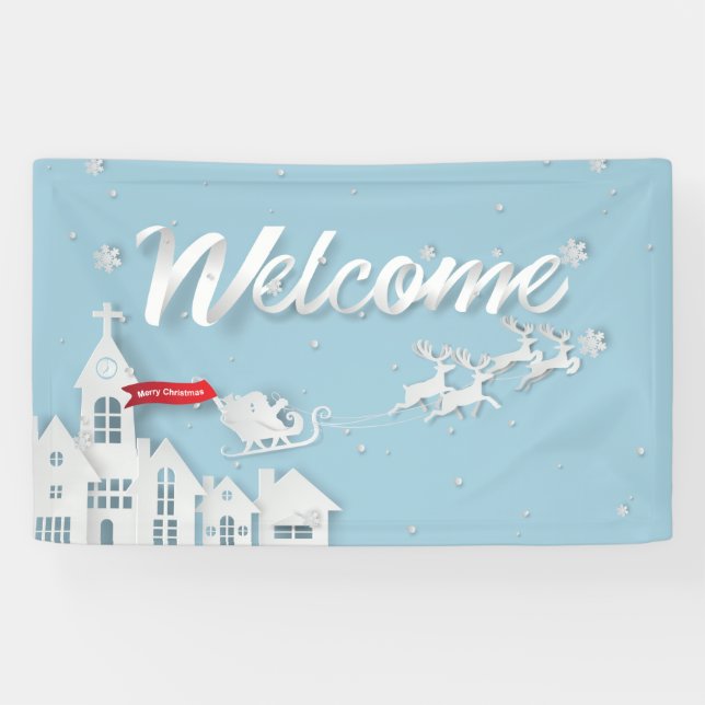 Papercut Santa and Reindeer Welcome Christmas Banner (Horizontal)