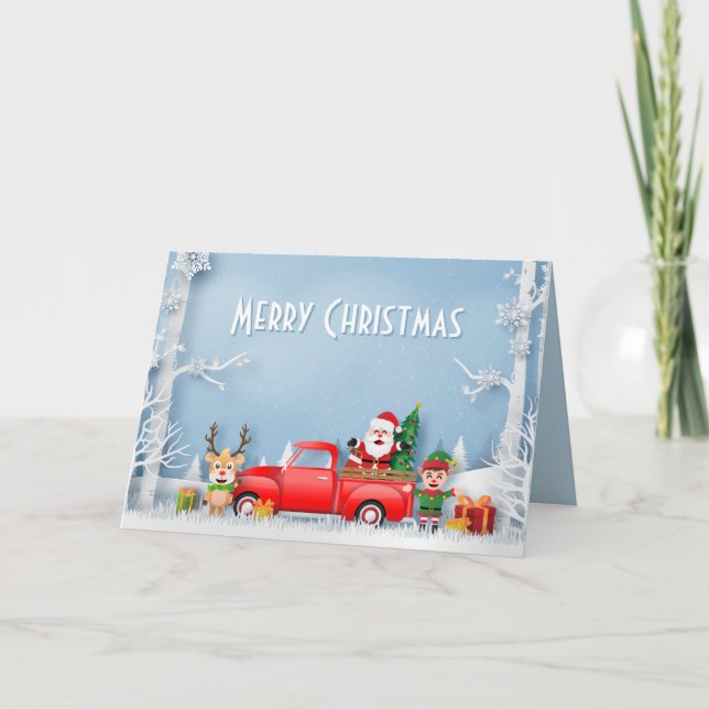 Papercut Santa & Friends Red Truck Holiday Card (Front)