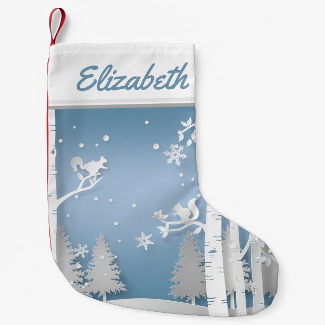 Papercut Winter Forest and Squirrels Small Christmas Stocking (Front)