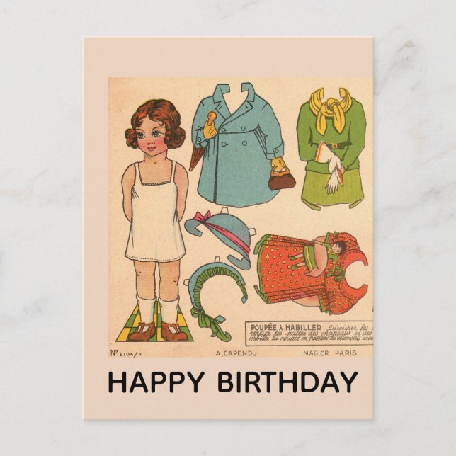 PAPERDOLL GIRL VINTAGE BIRTHDAY POSTCARD (Front)