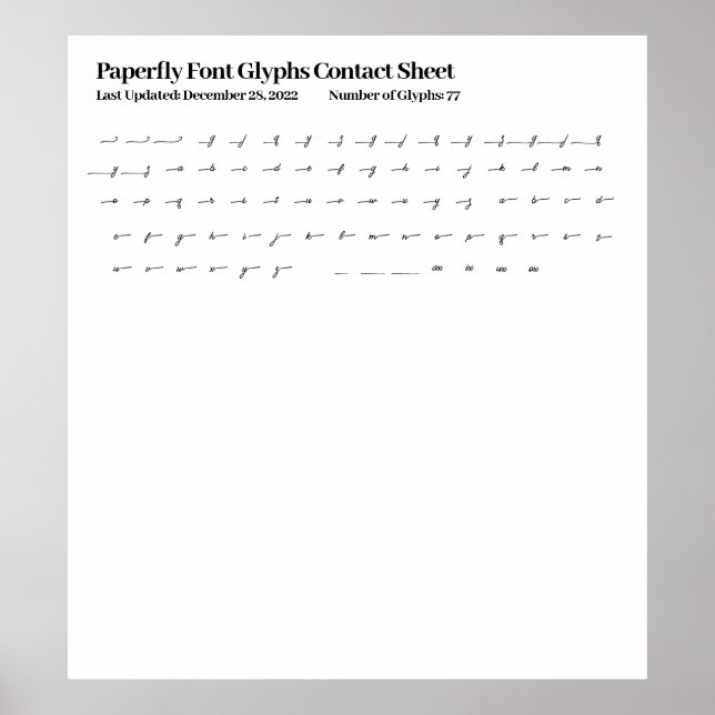 Paperfly Font Glyphs Contact Sheet Poster (Front)