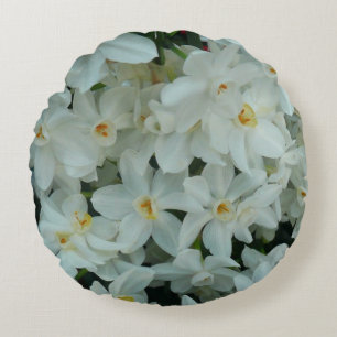 Paperwhite Narcissus Delicate White Flowers Round Cushion
