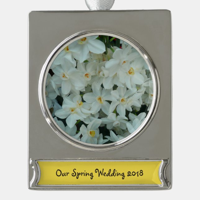 Paperwhite Narcissus Delicate White Flowers Silver Plated Banner Ornament (Front)