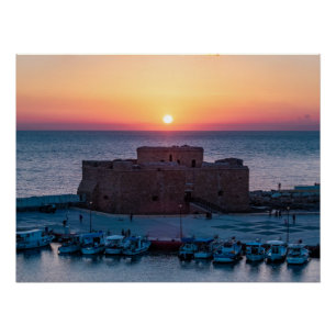 Paphos Castle at sunset, drone view Poster
