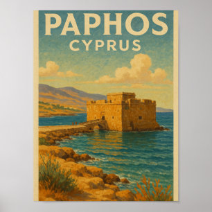 Paphos Cyprus fort vintage travel Poster