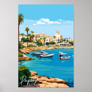 Paphos Cyprus vintage travel illustration Poster