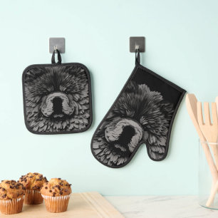 PAPIER MIRAGE Black Chow Oven Mitt & Pot Holder Set
