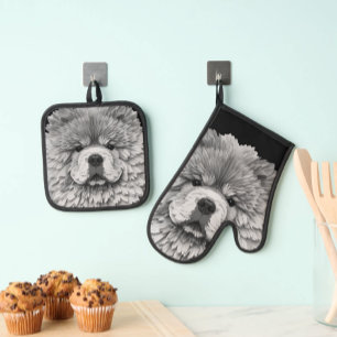 PAPIER MIRAGE Blue Chow Oven Mitt & Pot Holder Set