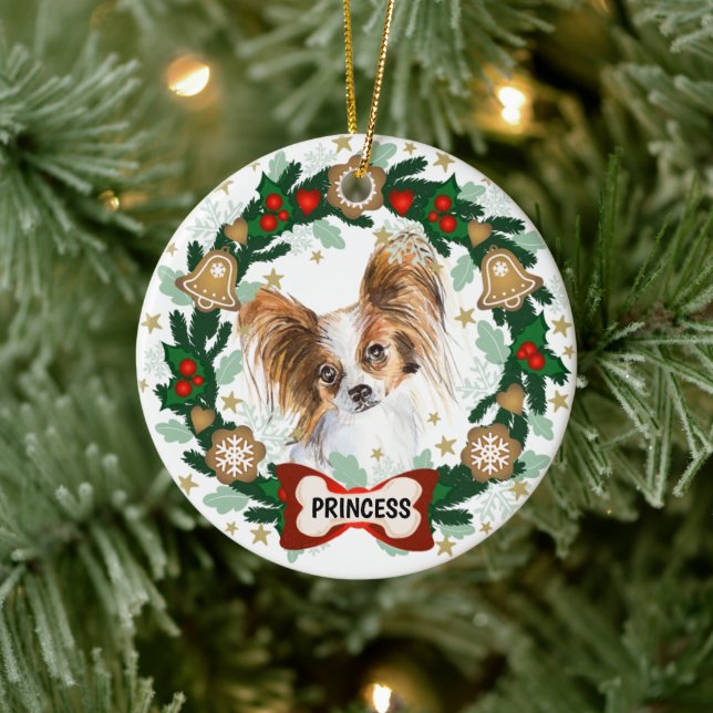 Papillion Dog Christmas Cute Dog Cookie Wreath Ceramic Tree Decoration (Tree)