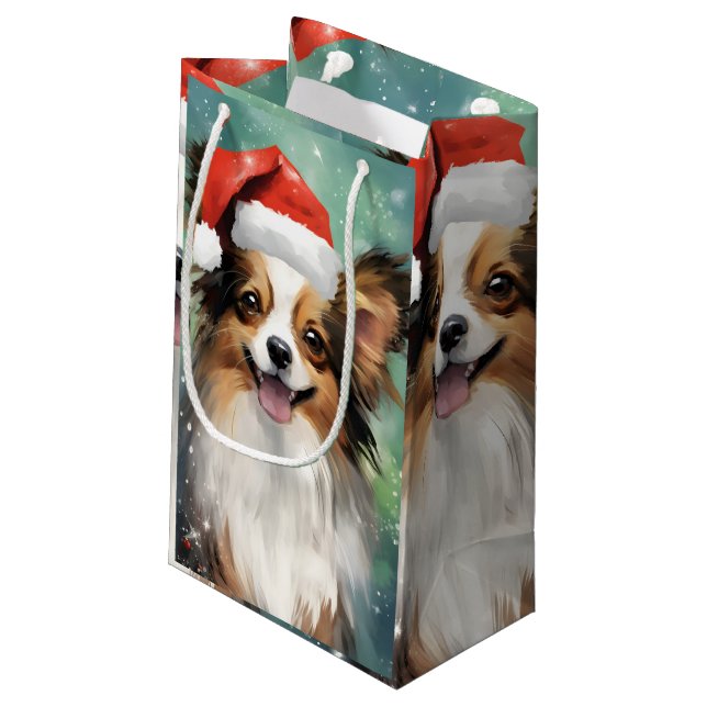 Papillon Christmas brush painting artwork Small Gift Bag (Back Angled)