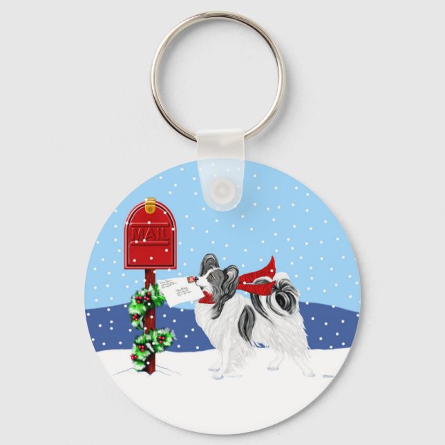 Papillon Christmas Mail Blk Wht Key Ring (Front)