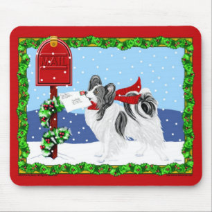 Papillon Christmas Mail Blk Wht Mouse Pad