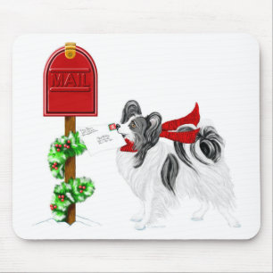 Papillon Christmas Mail Blk Wht Mouse Pad