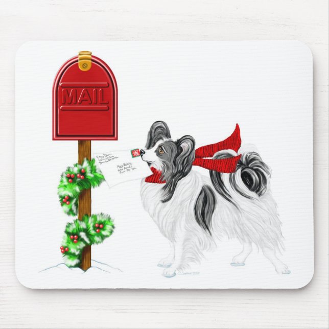 Papillon Christmas Mail Blk Wht Mouse Pad (Front)